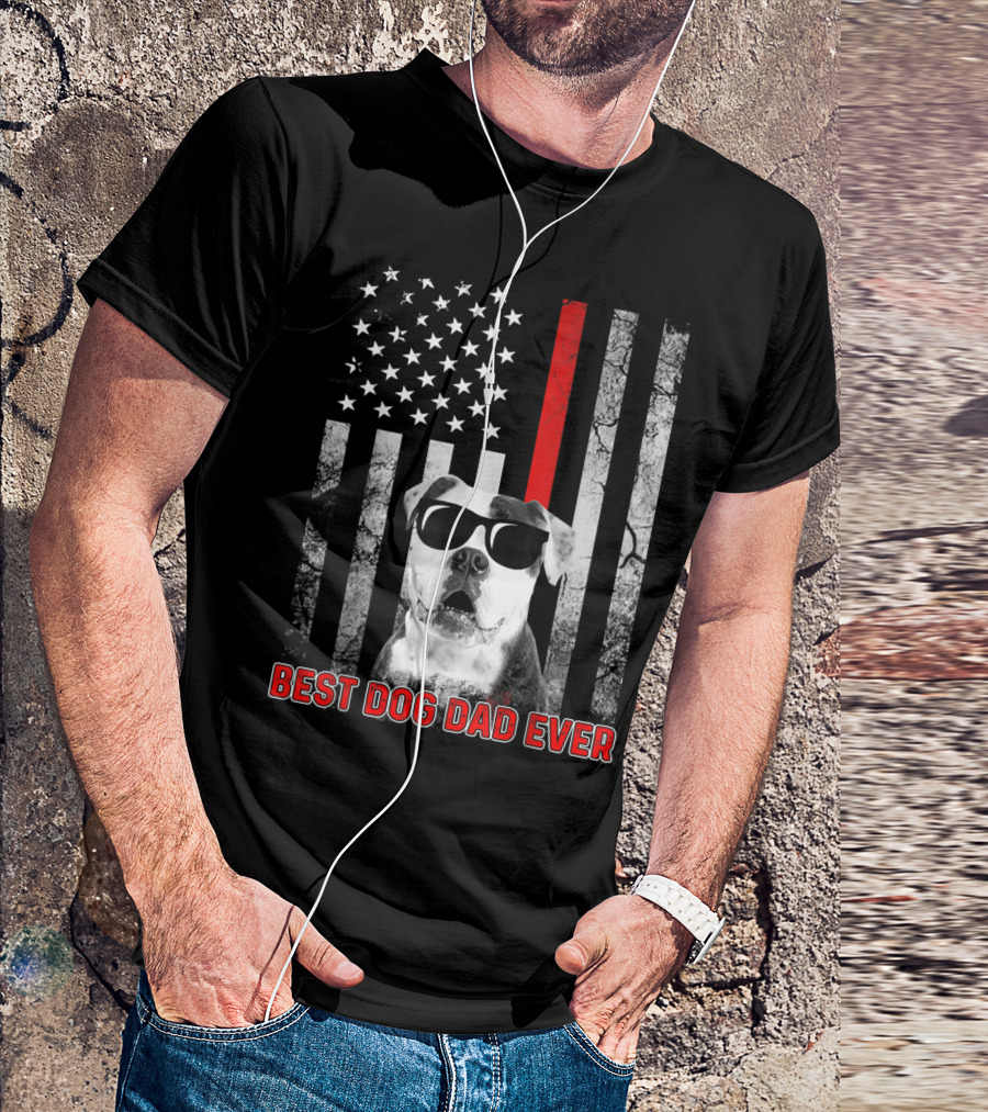 Best Dog Dad Ever American Bulldog With Patriotic Flag And Sunglasses T-Shirt
