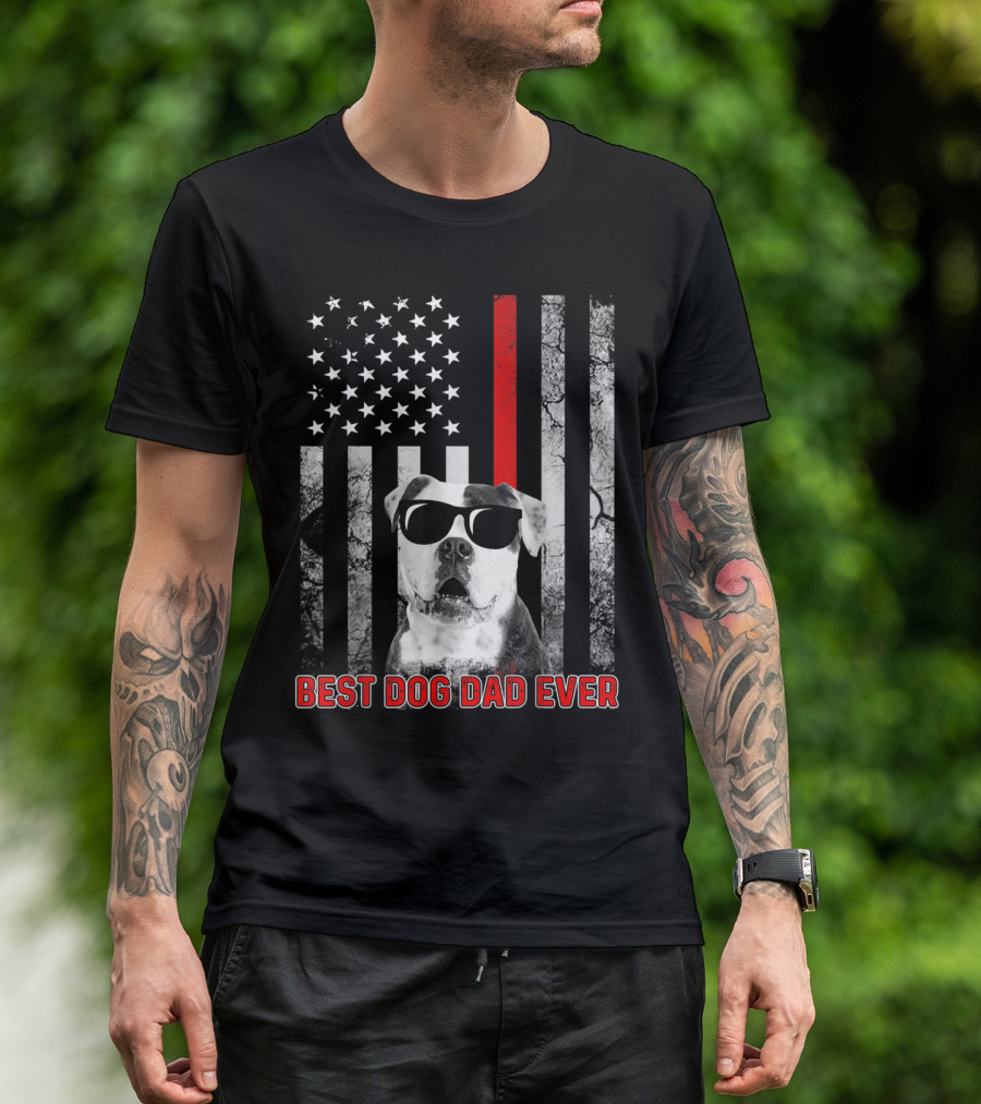Best Dog Dad Ever American Bulldog With Patriotic Flag And Sunglasses T-Shirt