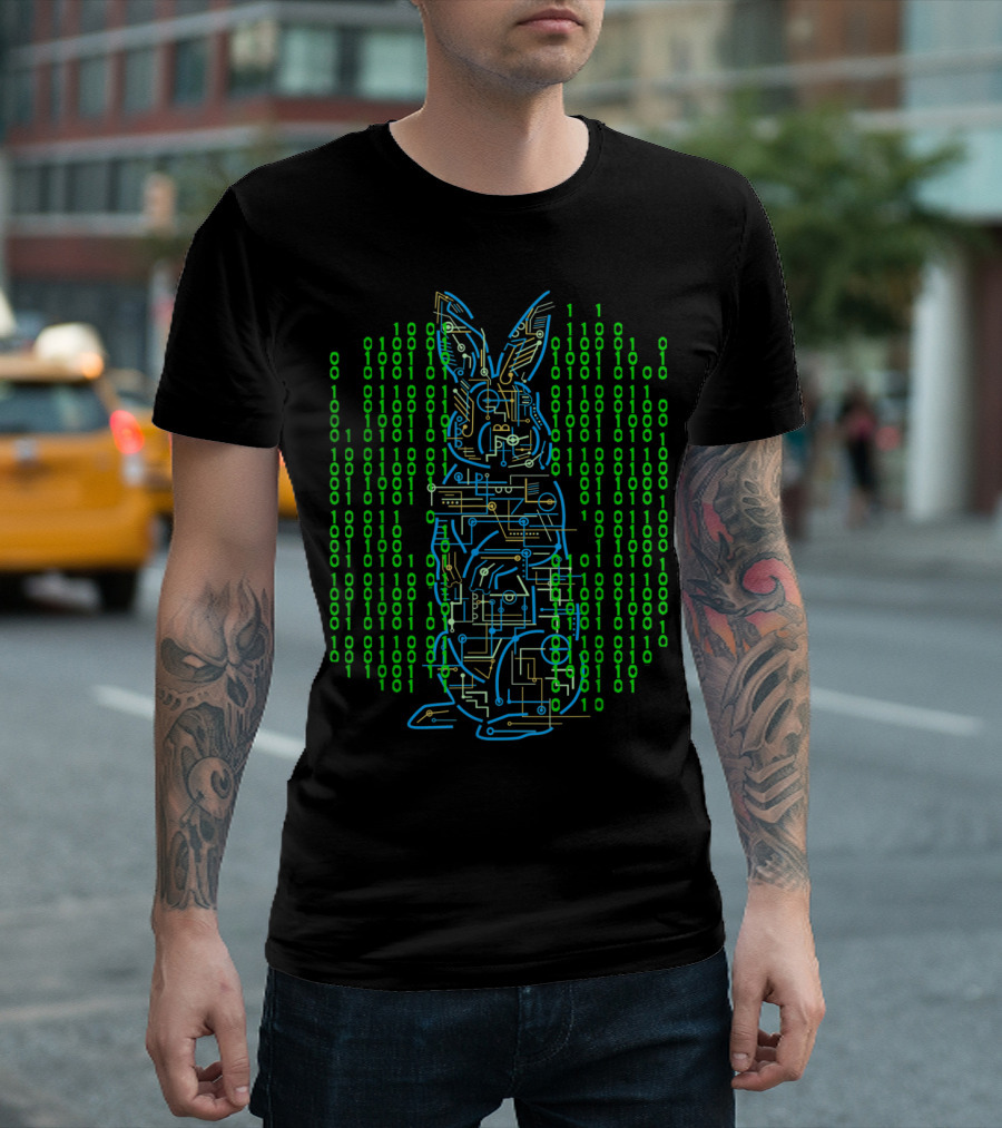 Easter Binary Bunny Circuitry Electric Rabbit With Green 0's And 1's T-Shirt