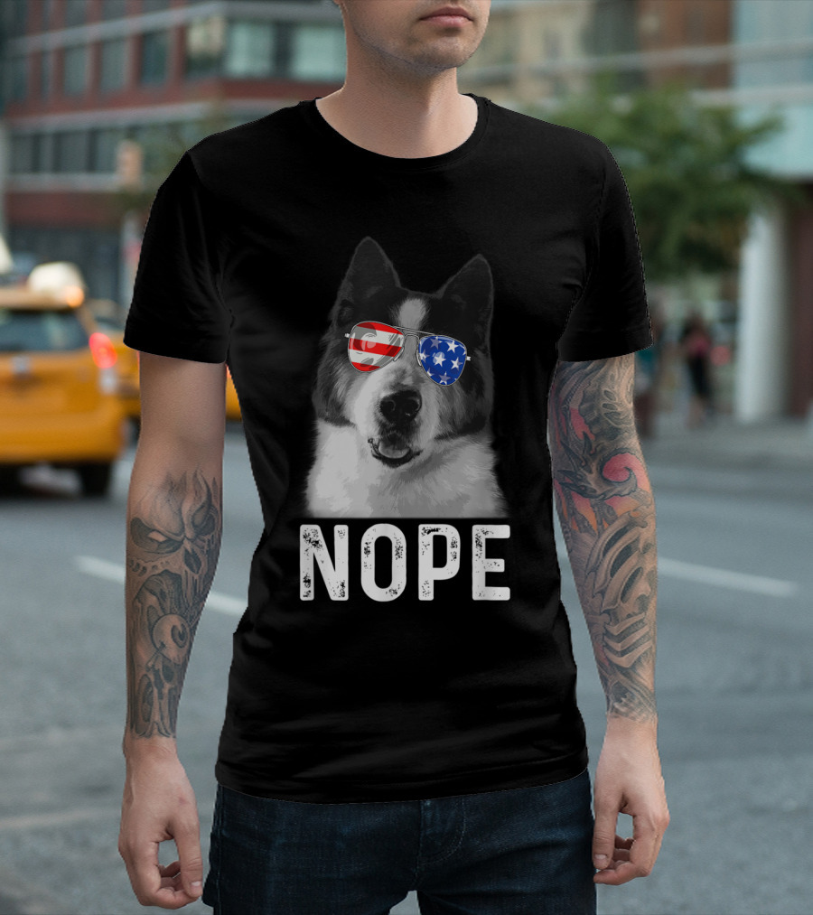 Nope Akita Dog with American Flag Sunglasses T-Shirt