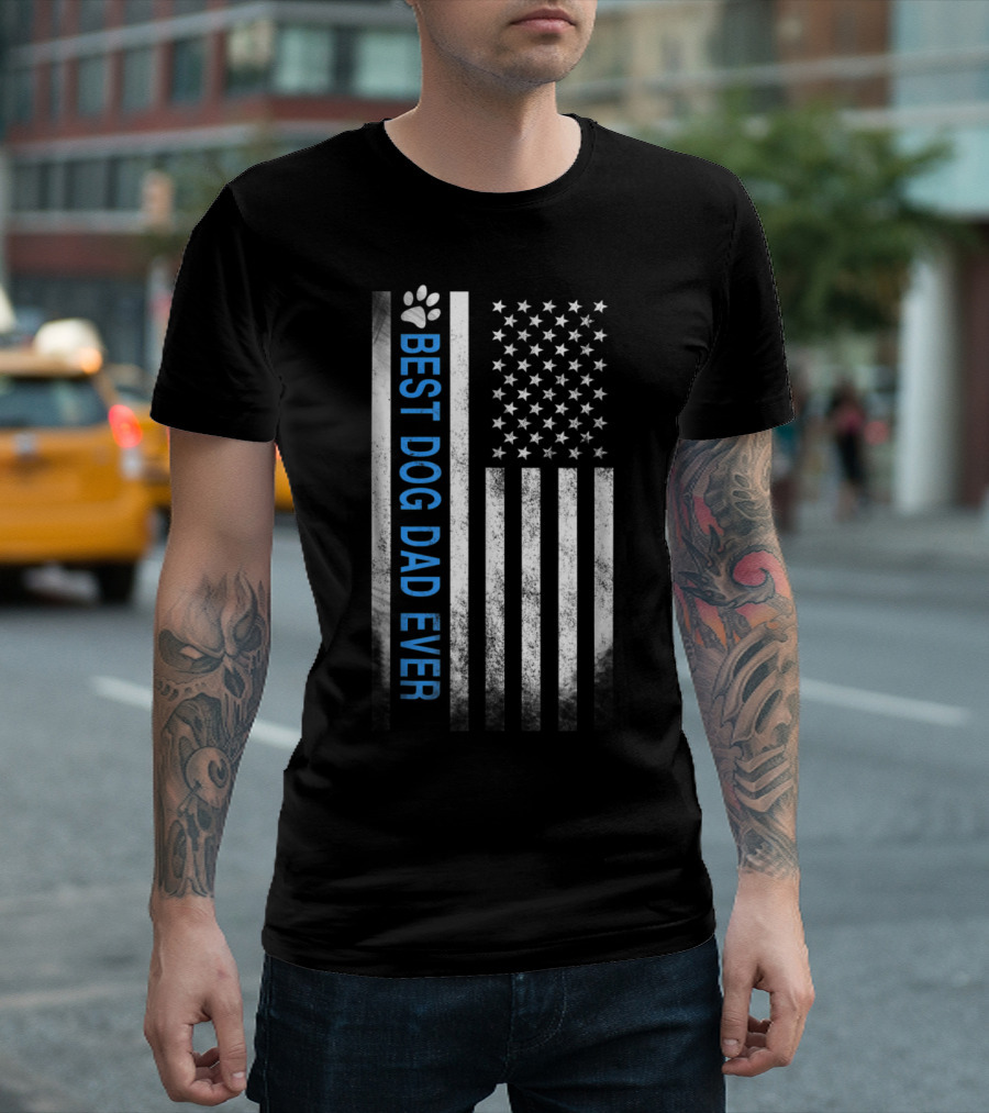 Best Dog Dad Ever Blue Paw Print American Flag T-Shirt