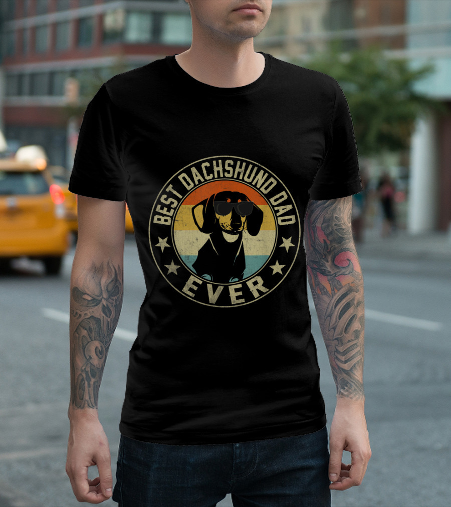 Best Dachshund Dad Ever Retro Circle Design with Sunglasses and Stars T-Shirt