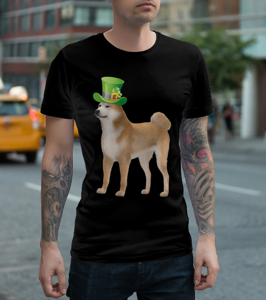 Akita St Patrick's Day Celebration with Green Hat and Clover T-Shirt