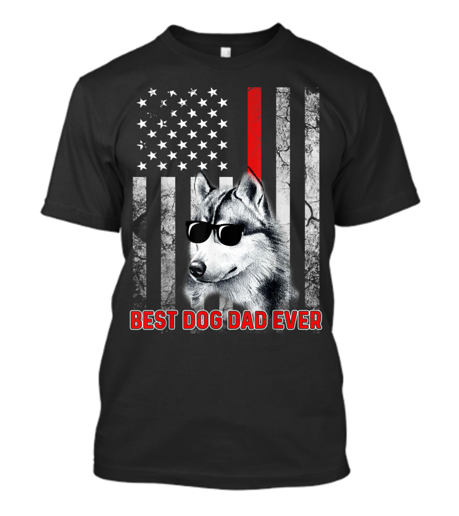 Best Dog Dad Ever Husky With USA Flag And Sunglasses T-Shirt