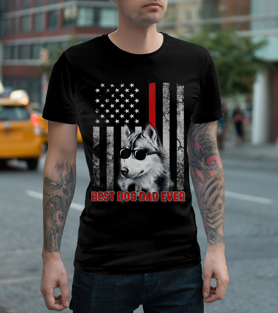 Best Dog Dad Ever Husky With USA Flag And Sunglasses T-Shirt