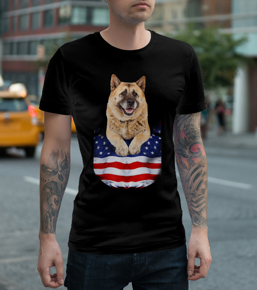 Akita Dog In American Flag Pocket T-Shirt
