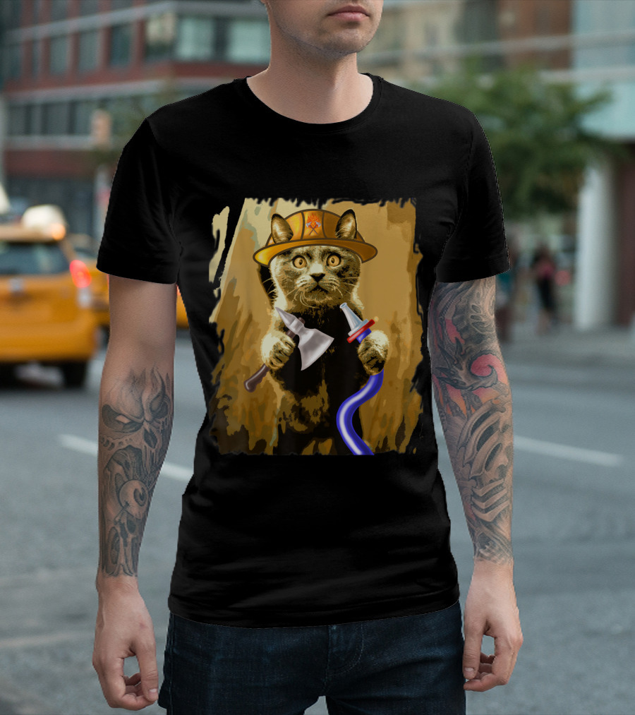 Funny Cat Firefighter Holding Axe and Hydrant Hose Fireman T-Shirt