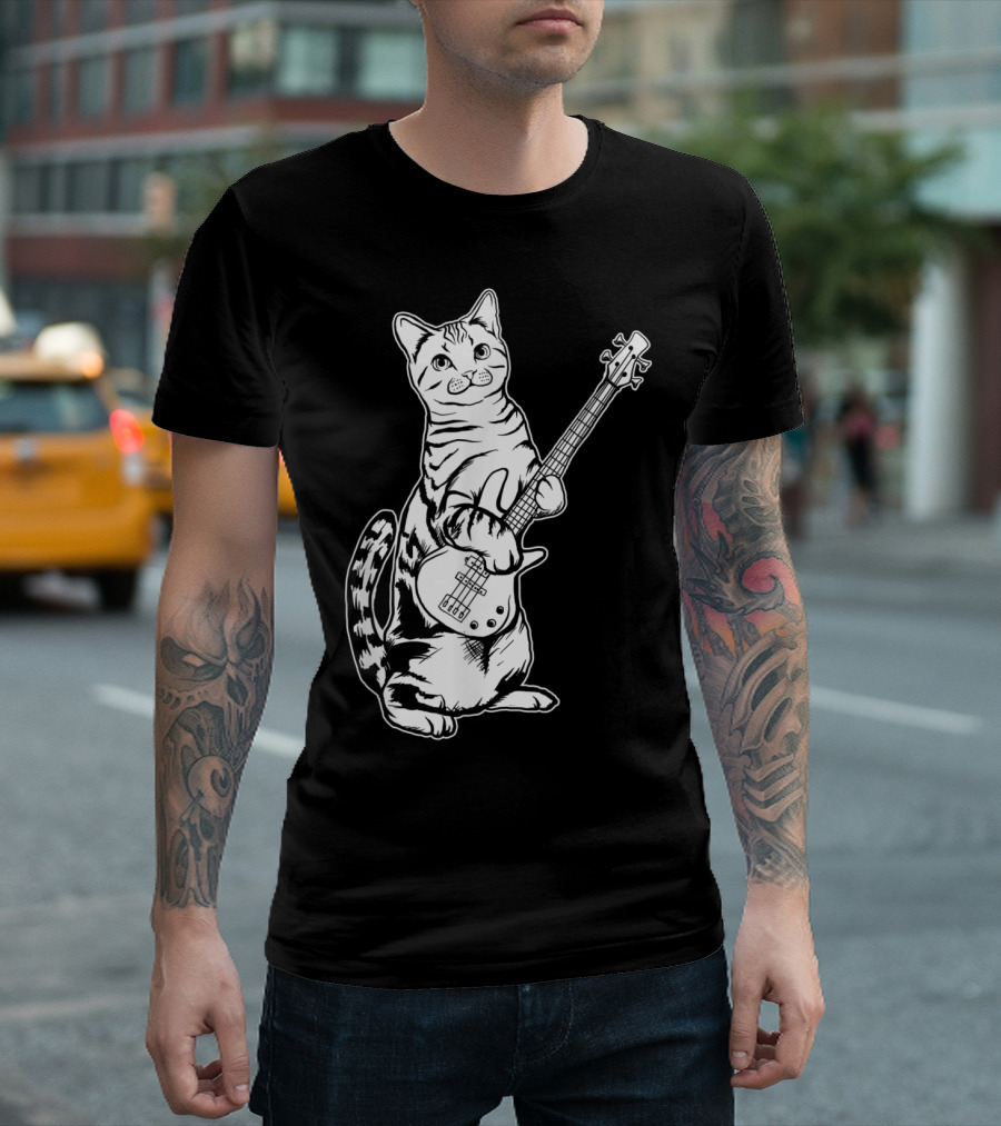 Playful Feline Rocker with Electric Bass Guitar - Funny Cat Cool Musician T-Shirt