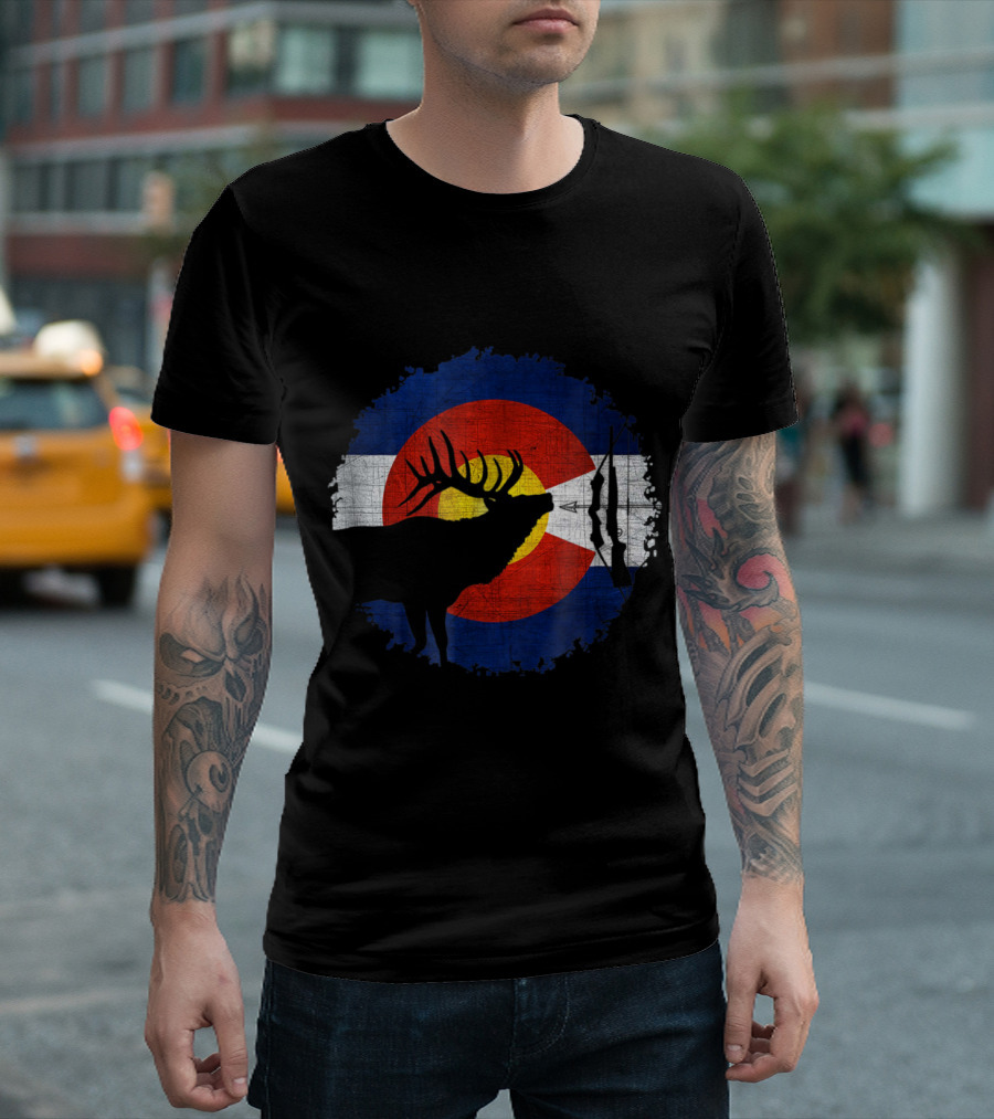 Colorado Flag Elk Silhouette Hunting Scene T-Shirt