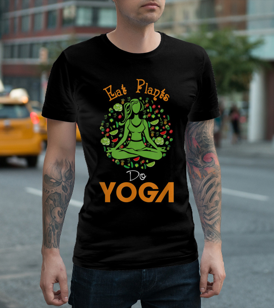 Eat Plants Do Yoga Green Vegetarian with Fruit and Vegetables Motif T-Shirt