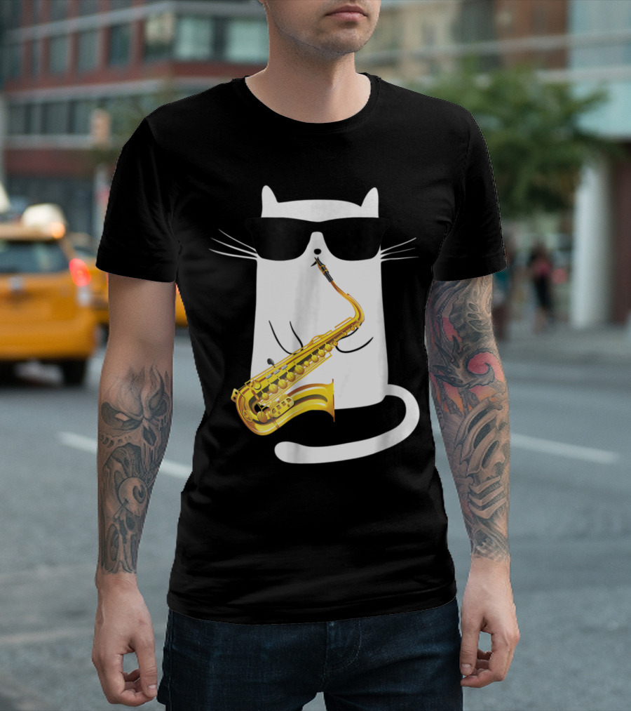 Cool Cat With Sunglasses Playing A Saxophone In Humorous T-Shirt