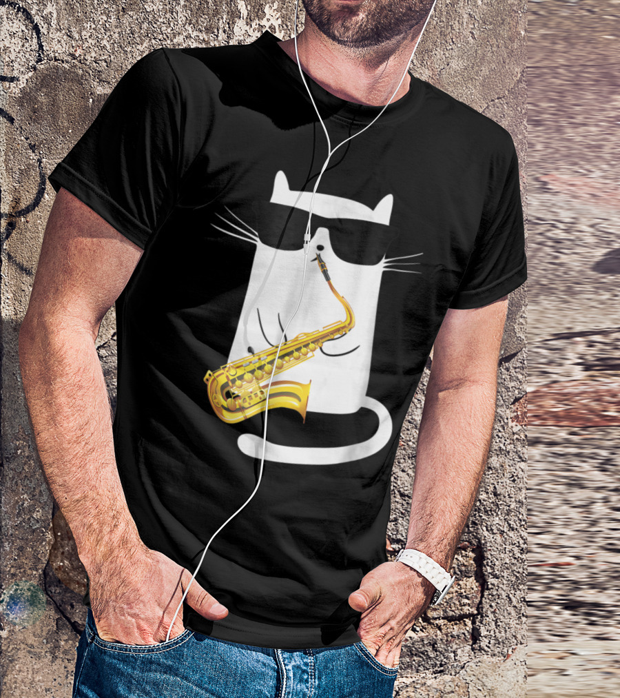 Cool Cat With Sunglasses Playing A Saxophone In Humorous T-Shirt