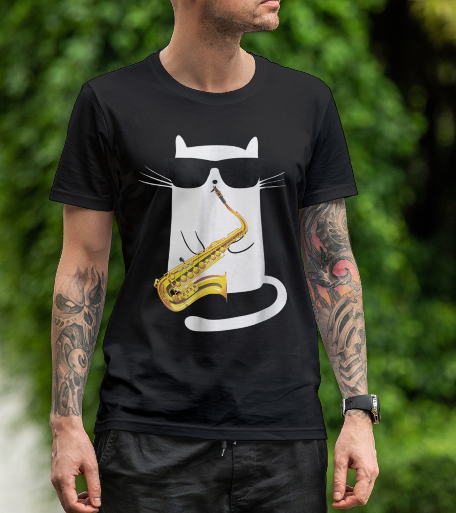 Cool Cat With Sunglasses Playing A Saxophone In Humorous T-Shirt