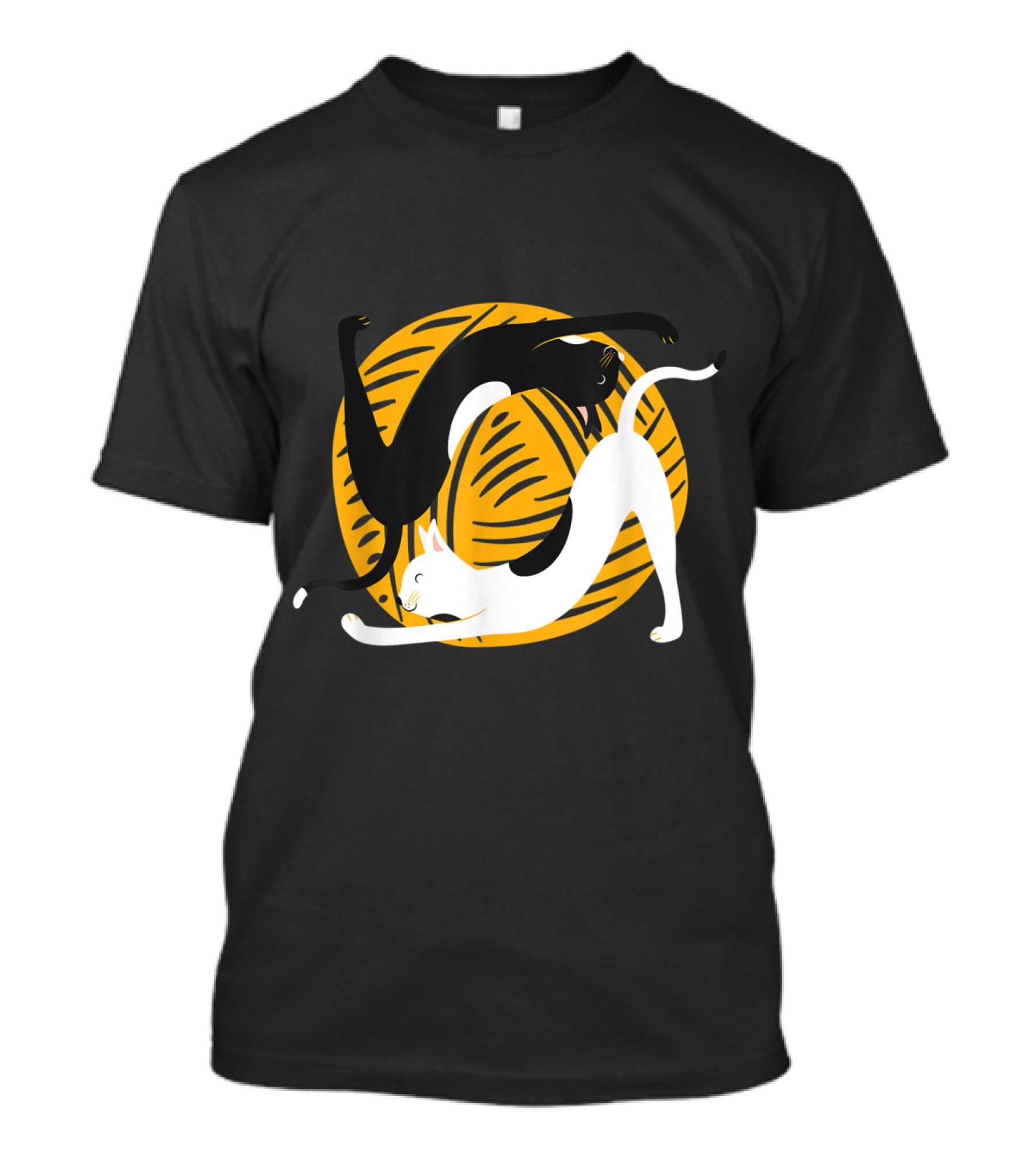 Funny Cat Yoga Black And White Cats Playing With Yellow Yarn T-Shirt