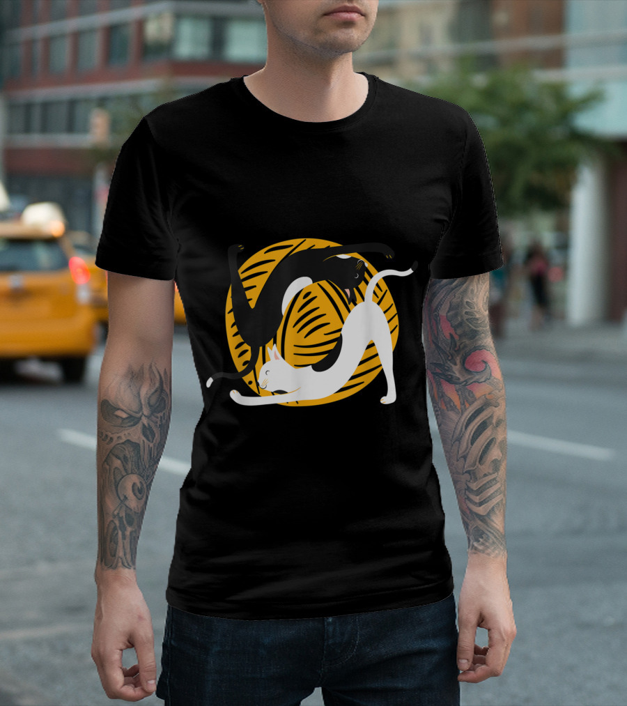 Funny Cat Yoga Black And White Cats Playing With Yellow Yarn T-Shirt