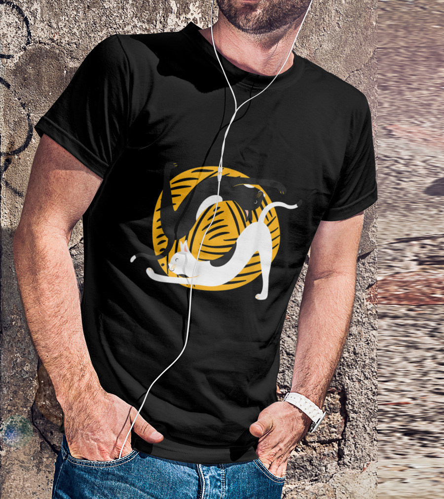Funny Cat Yoga Black And White Cats Playing With Yellow Yarn T-Shirt
