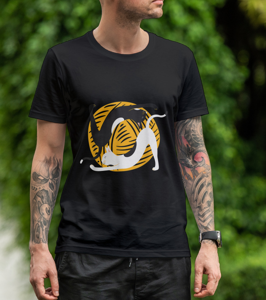 Funny Cat Yoga Black And White Cats Playing With Yellow Yarn T-Shirt