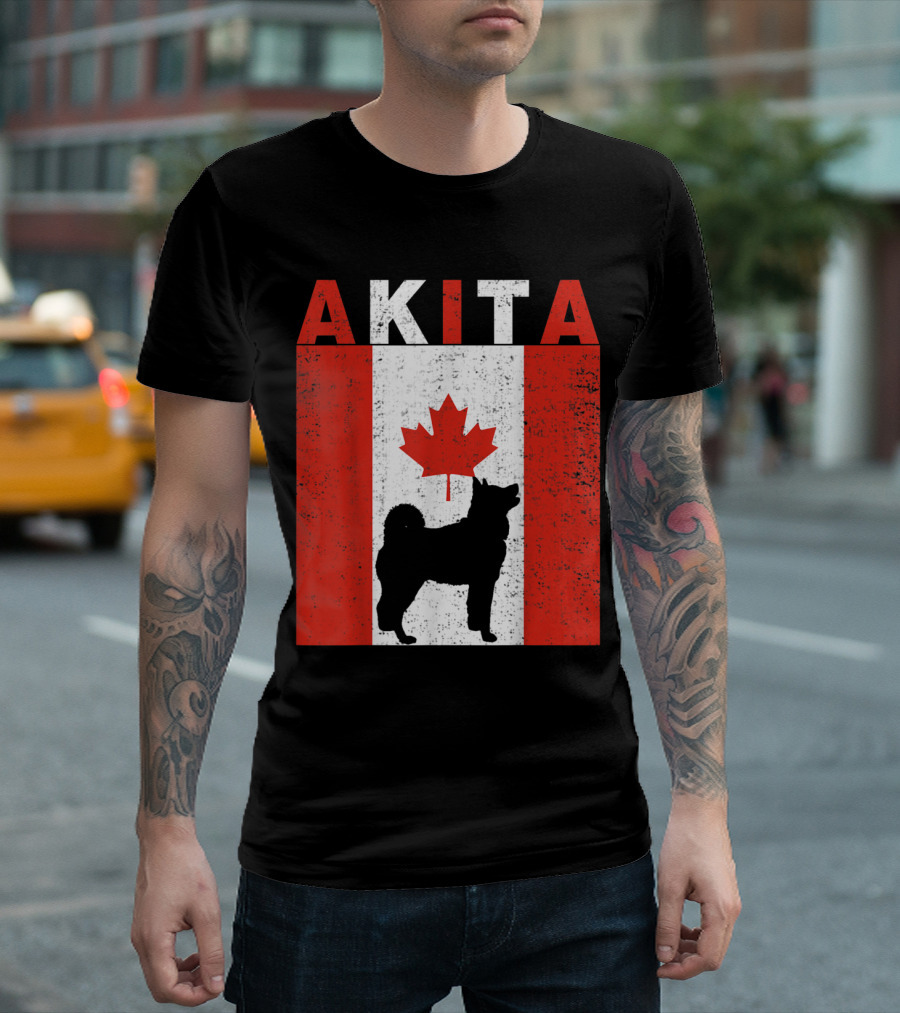 Akita Dog Silhouette Overlaying Canadian Flag with Maple Leaf T-Shirt