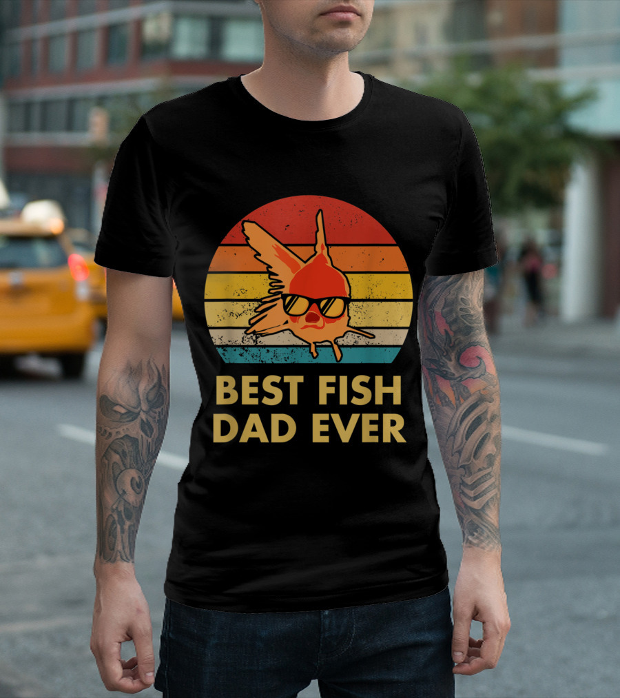 Best Fish Dad Ever Goldfish Retro Sunglasses Sunburst Stripes T-Shirt