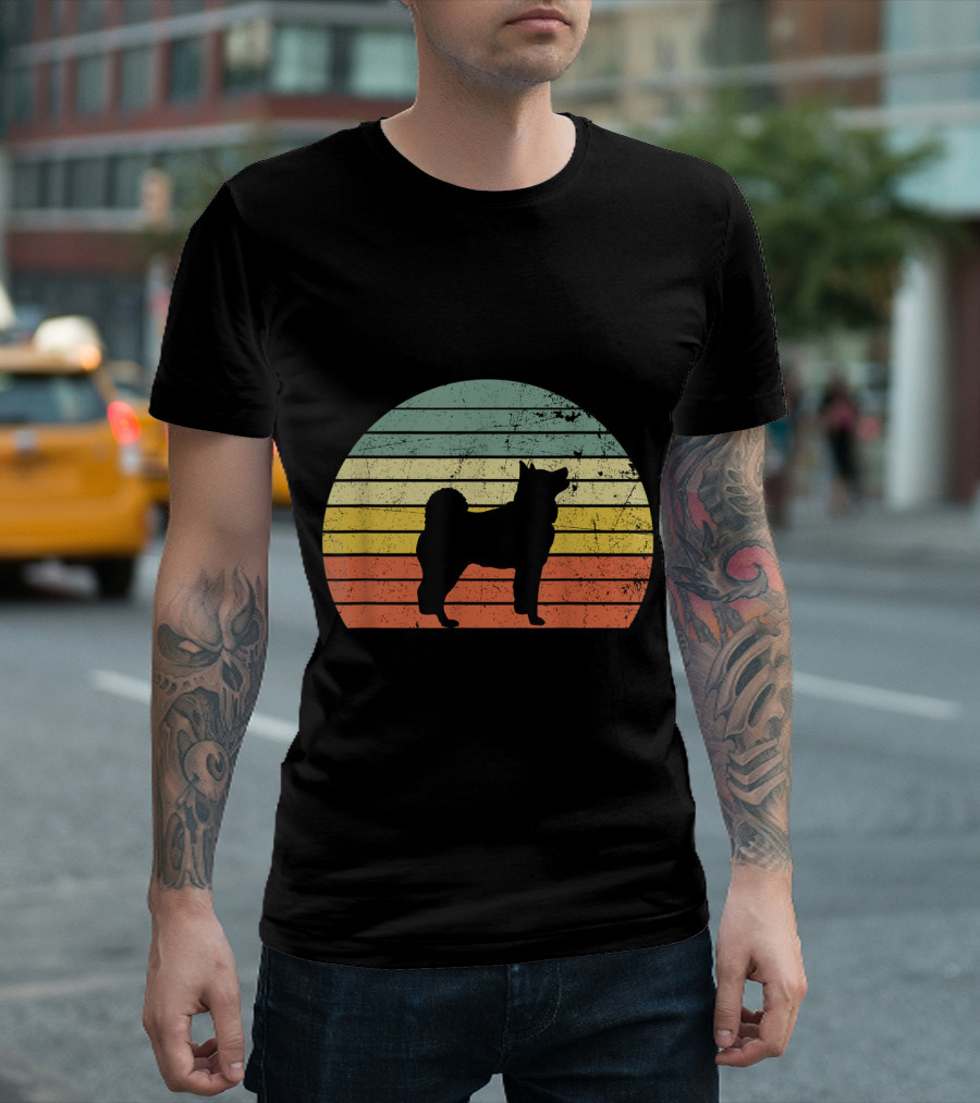 Akita Vintage Dog Silhouette Retro Sunset Stripes T-Shirt