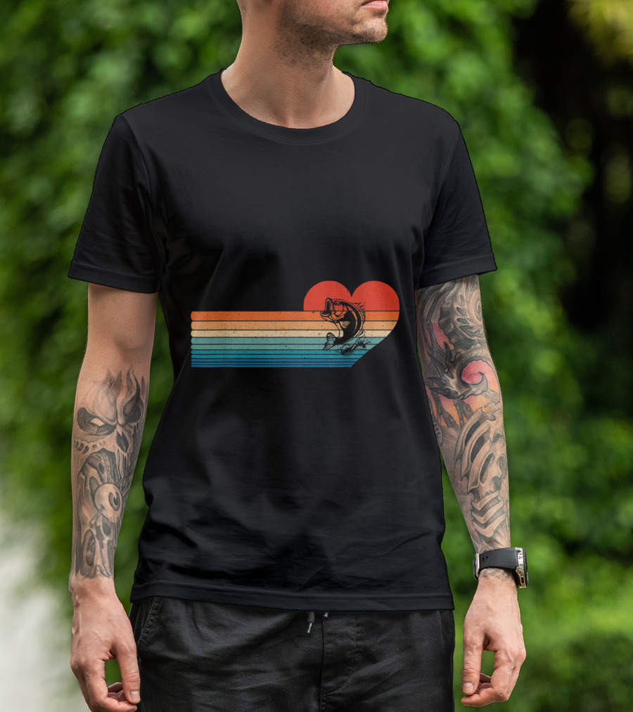 Retro Sunset Striped Heart With Jumping Fish T-Shirt