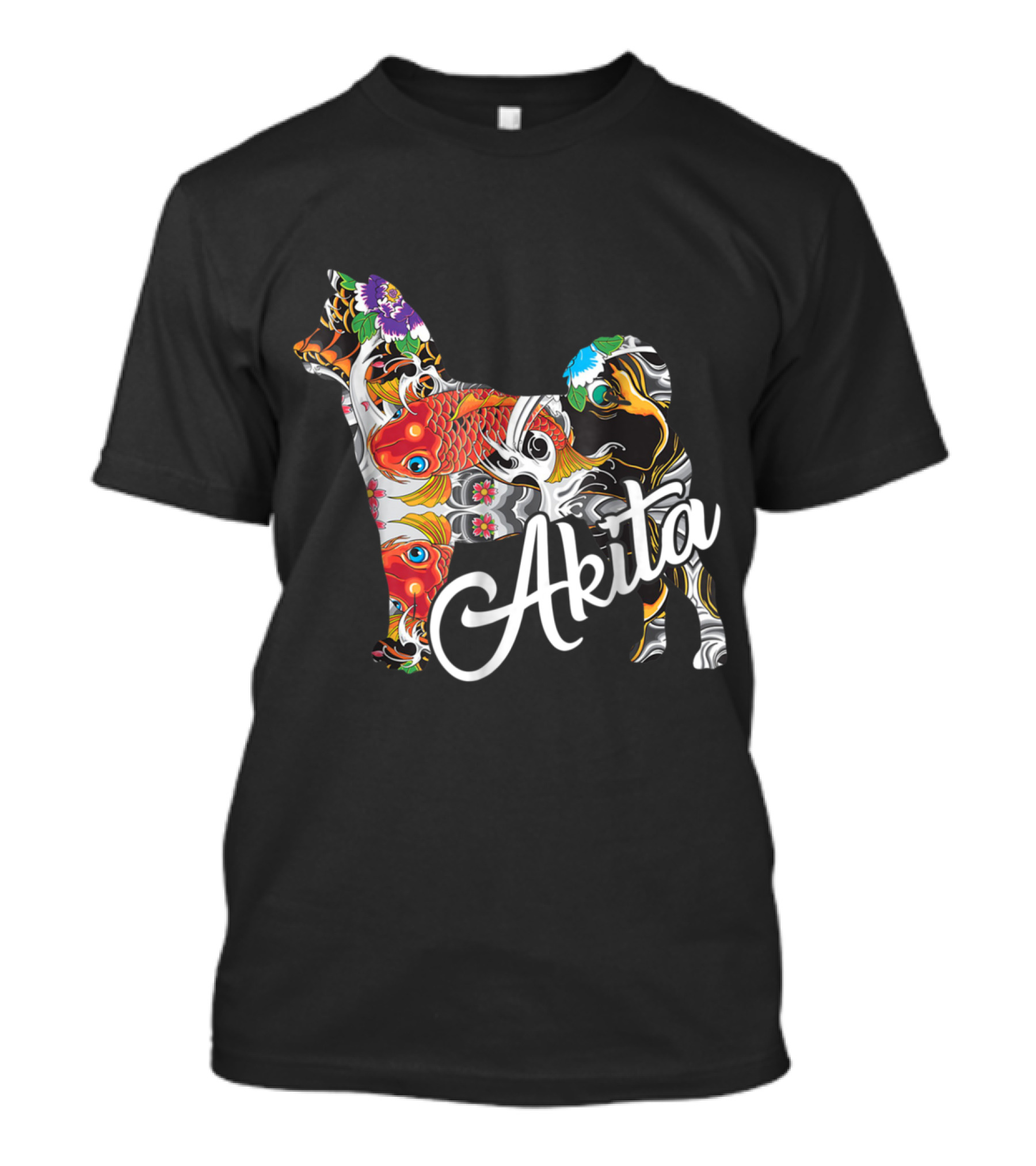 Akita Japanese Art Style With Colorful Koi Fish And Floral T-Shirt
