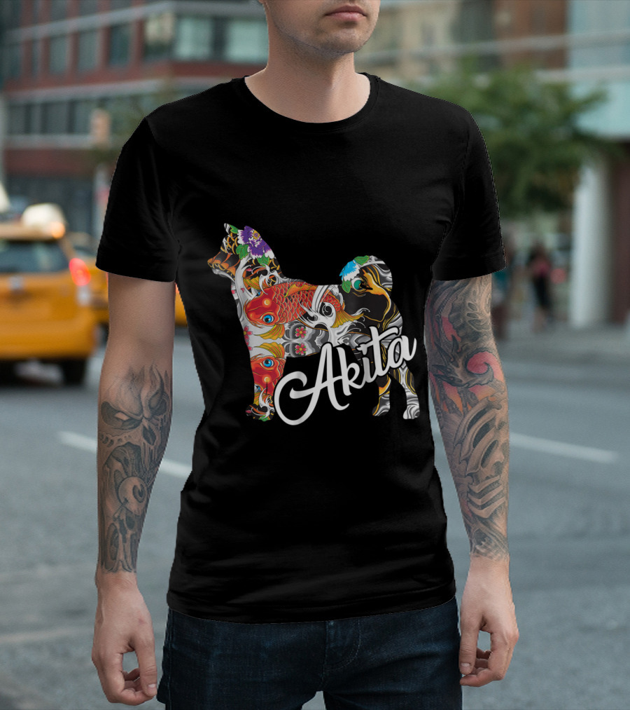 Akita Japanese Art Style With Colorful Koi Fish And Floral T-Shirt
