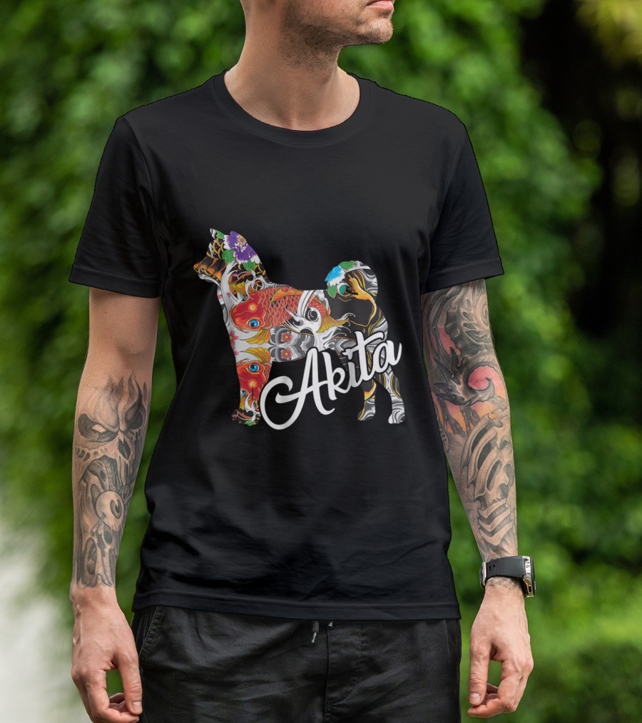 Akita Japanese Art Style With Colorful Koi Fish And Floral T-Shirt