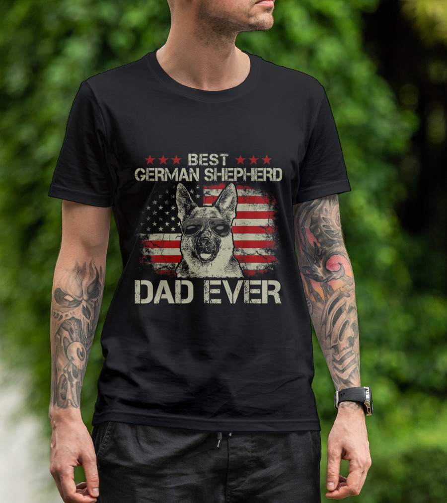 Best German Shepherd Dad Ever Patriotic American Flag Sunglasses T-Shirt