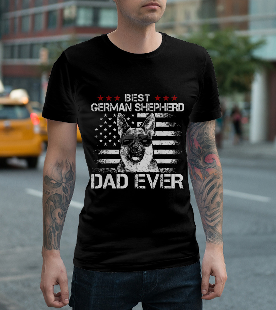 Best German Shepherd Dad Ever US Flag Stars Sunglasses T-Shirt