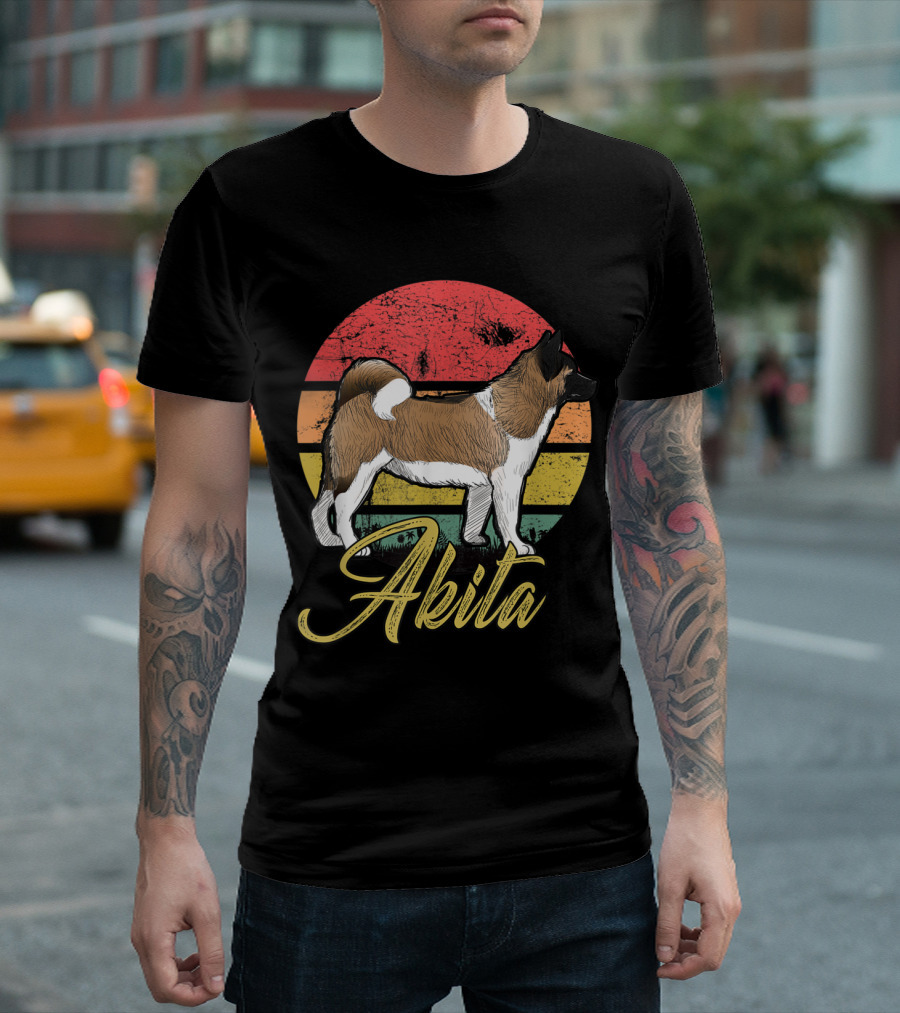 Vintage Akita Dog Against Colorful Sunset Stripes T-Shirt
