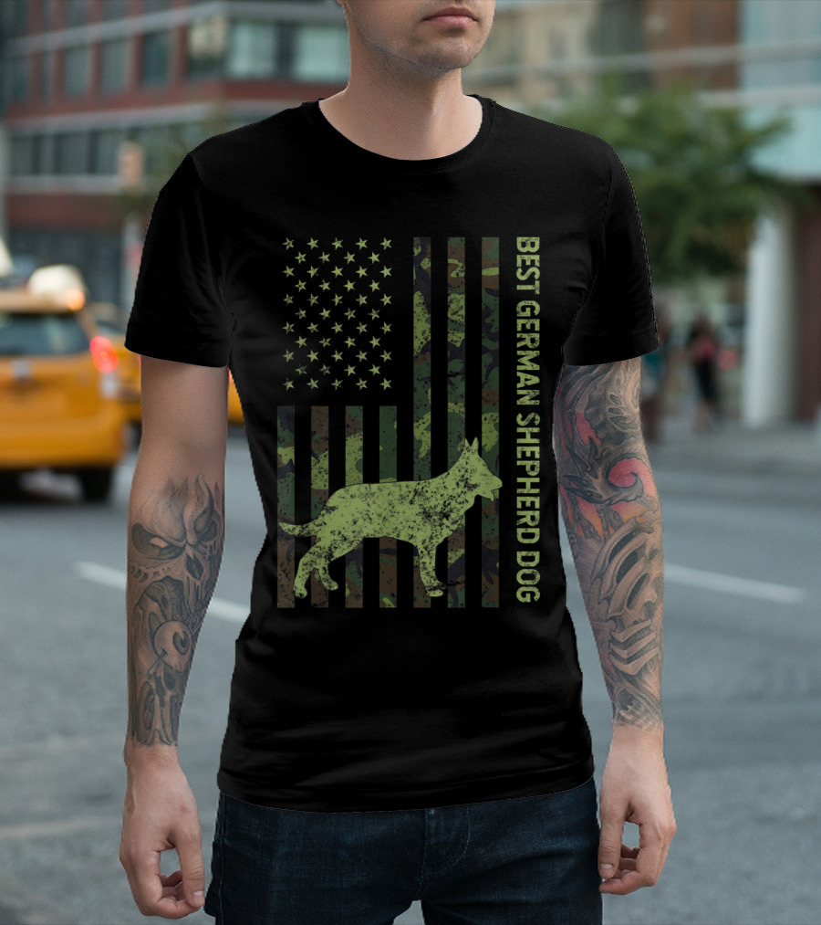 Best German Shepherd Dog Distressed Camo US Flag T-Shirt
