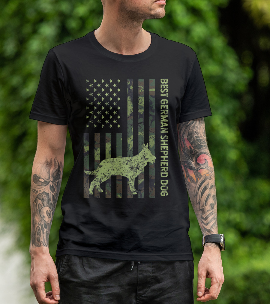 Best German Shepherd Dog Distressed Camo US Flag T-Shirt
