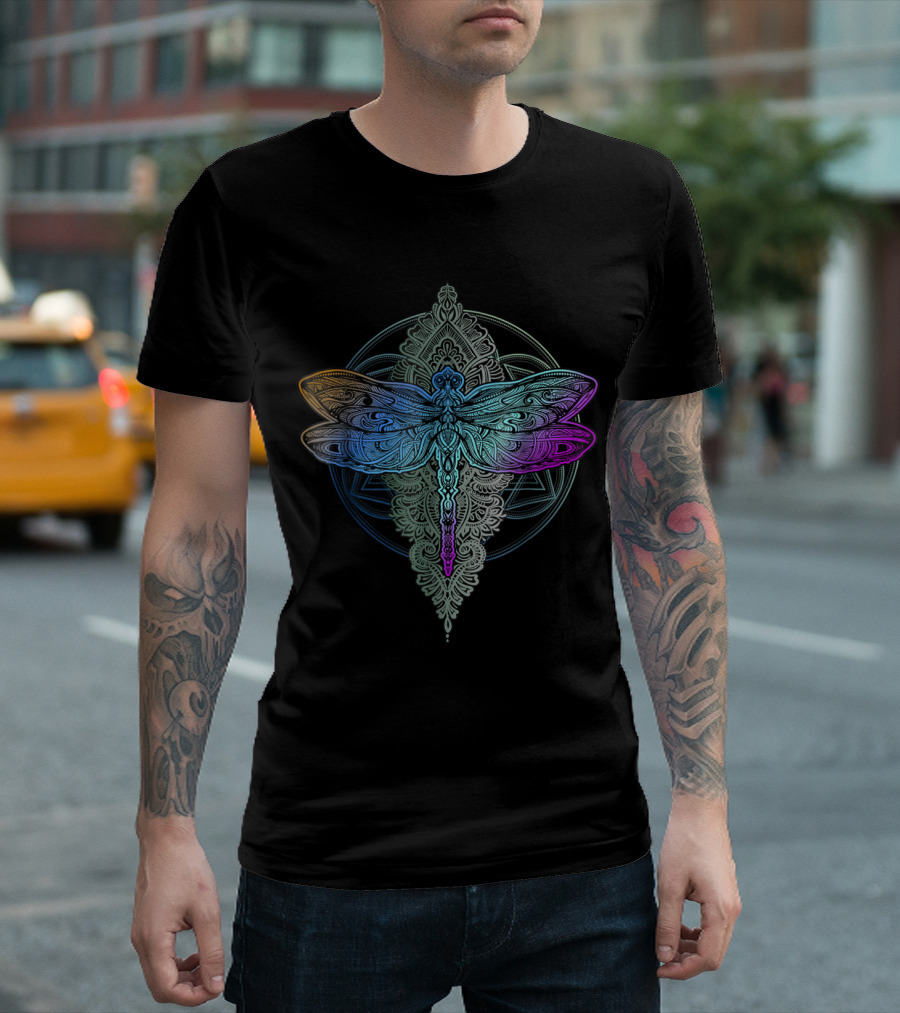 Colorful Mandala Dragonfly Intricate Pattern Design with Vibrant Symmetrical Details T-Shirt