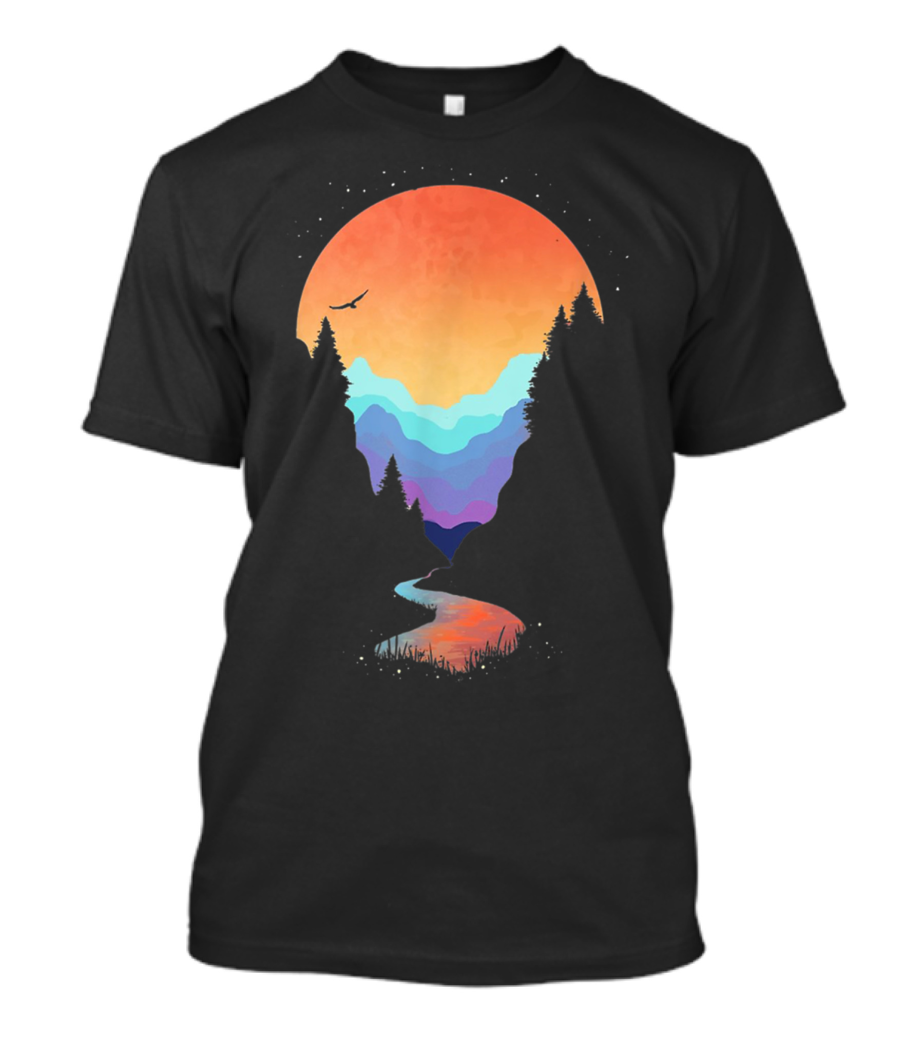 Vibrant Sunset Over Geometric Mountains With Flowing River And Silhouette Forest T-Shirt