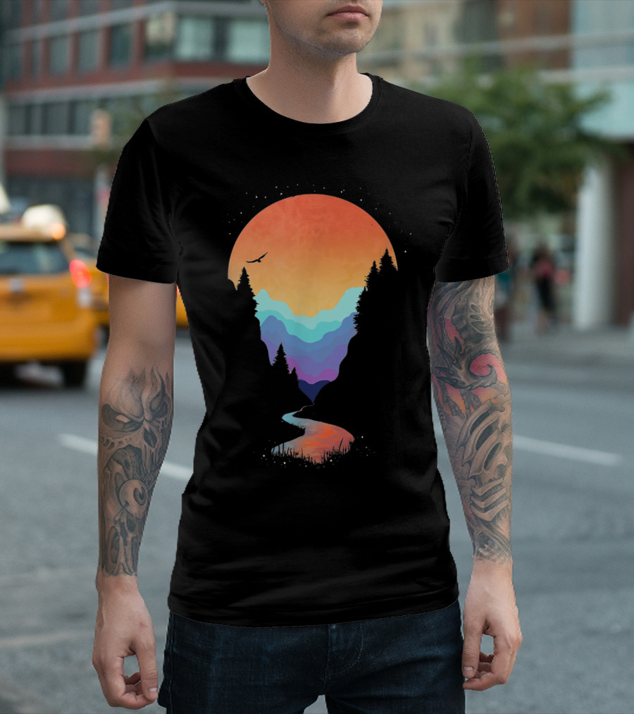 Vibrant Sunset Over Geometric Mountains With Flowing River And Silhouette Forest T-Shirt