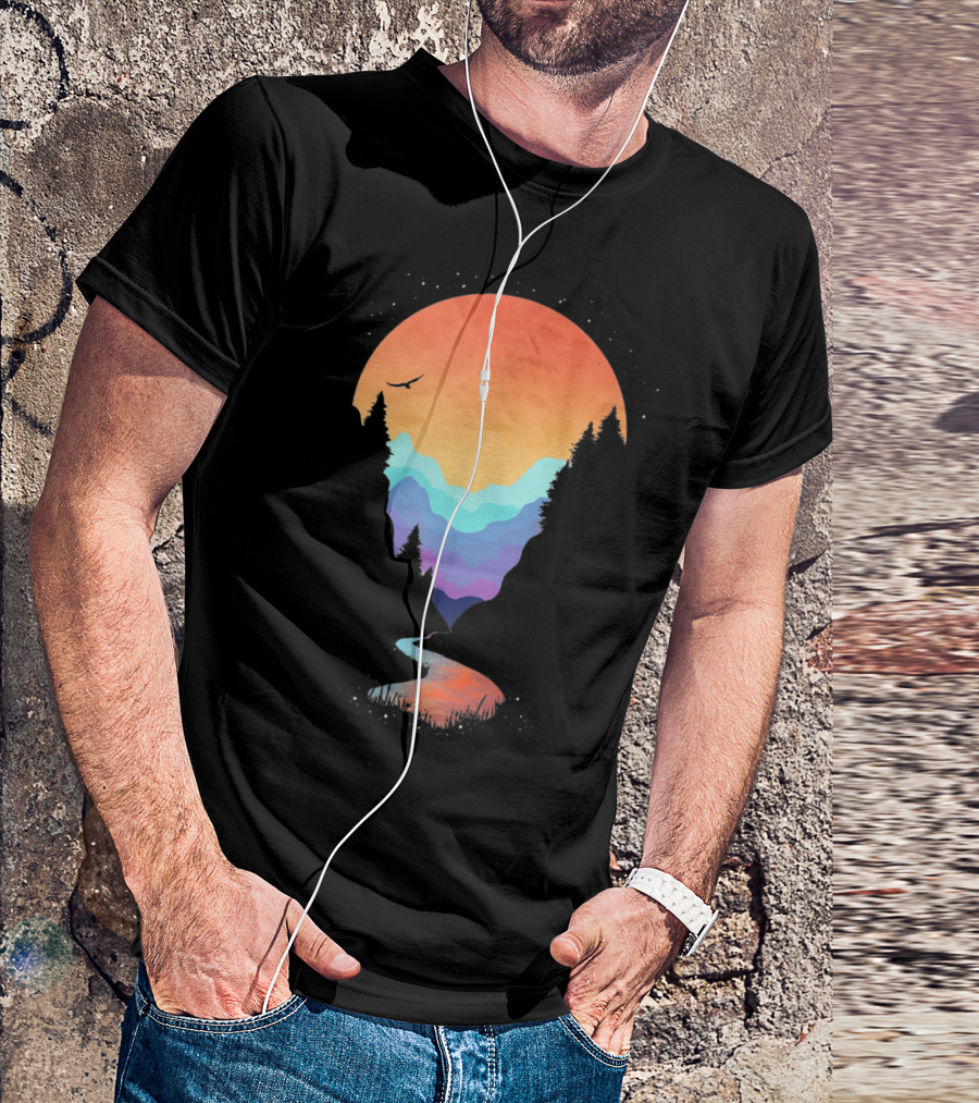 Vibrant Sunset Over Geometric Mountains With Flowing River And Silhouette Forest T-Shirt