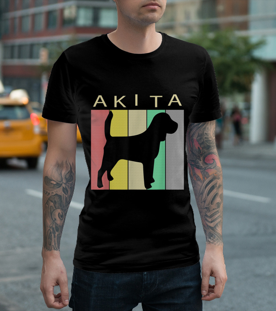 Akita Silhouette on Retro Striped Background for Dog Lovers T-Shirt