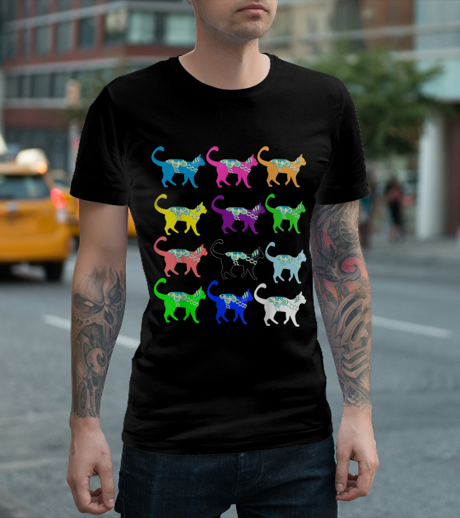 Colorful Swedish Dala Dalecarlian Horse Inspired Multicolored Patterns on Cats T-Shirt