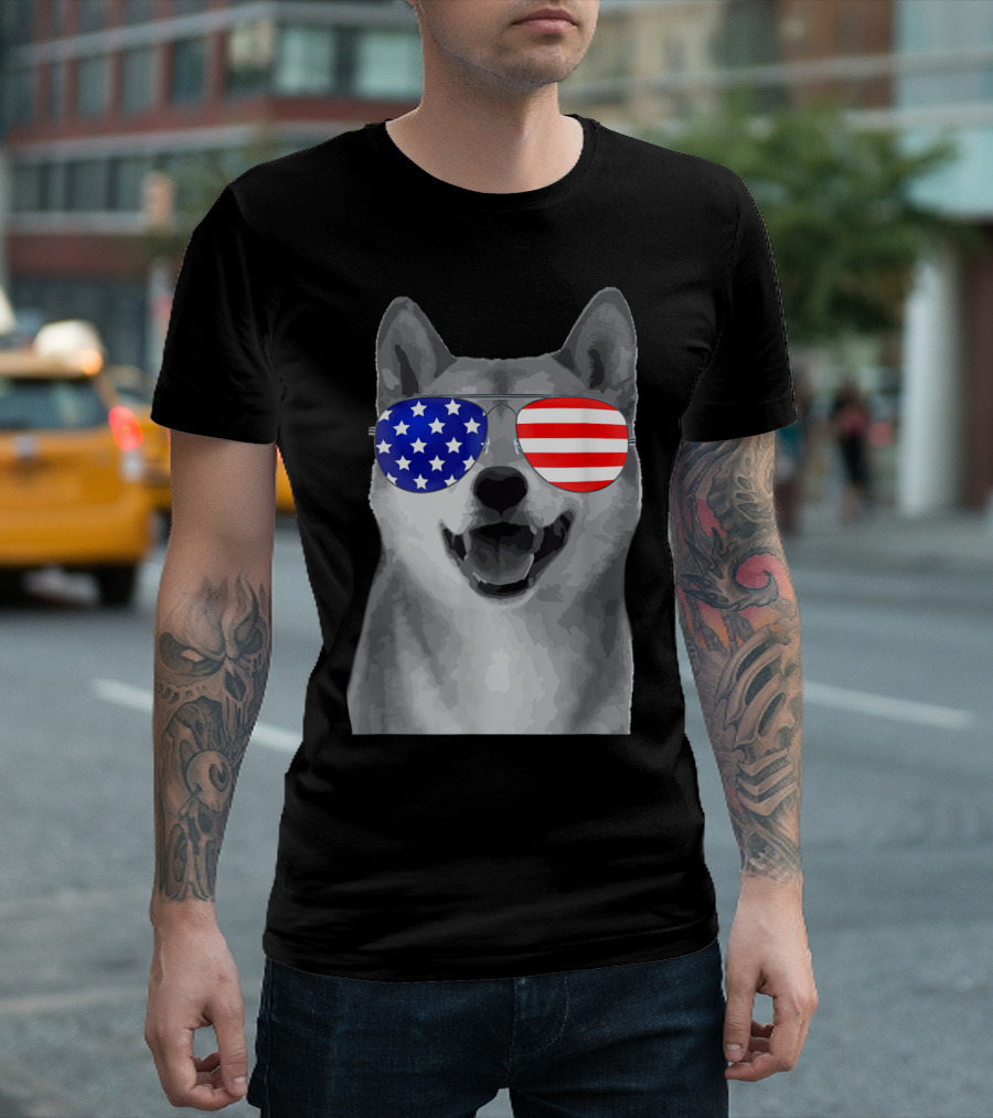 Patriotic Akita Wearing American Flag Glasses T-Shirt