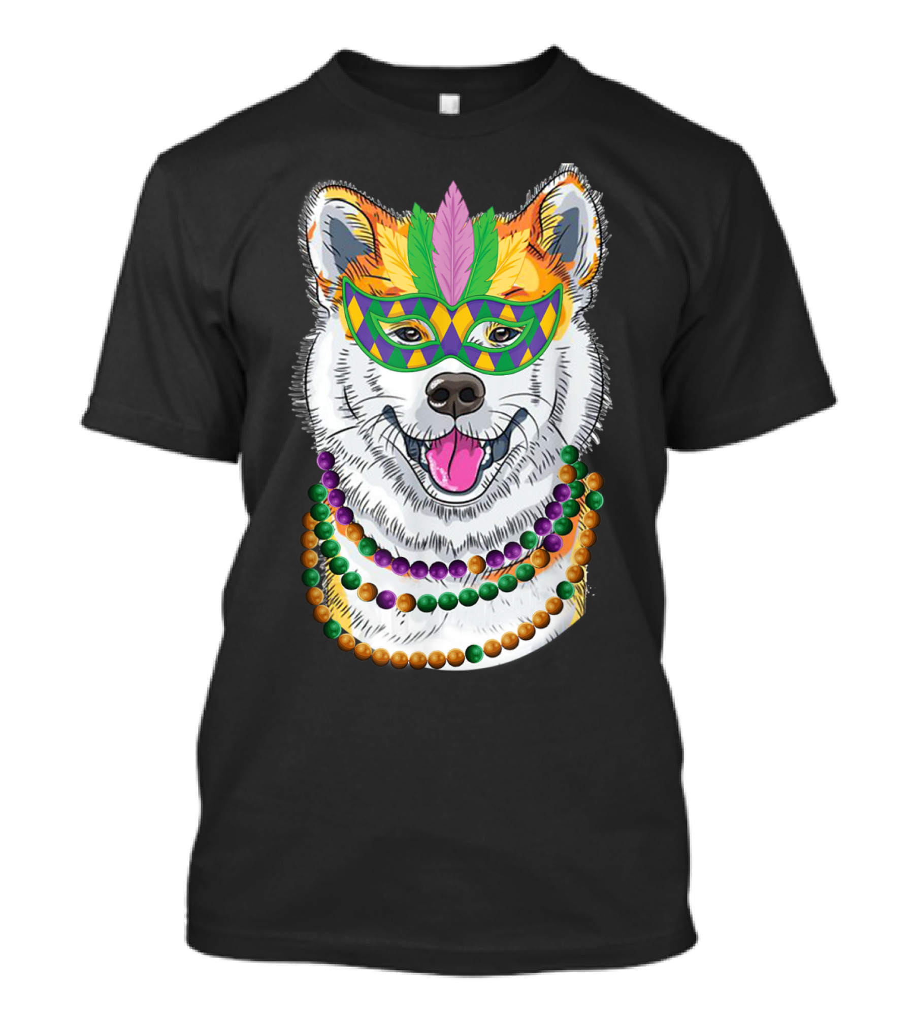 Akita Wearing Mardi Gras Mask And Beads Necklace With Colorful Do T-Shirt