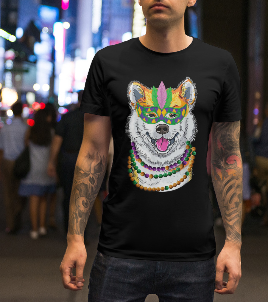 Akita Wearing Mardi Gras Mask And Beads Necklace With Colorful Do T-Shirt