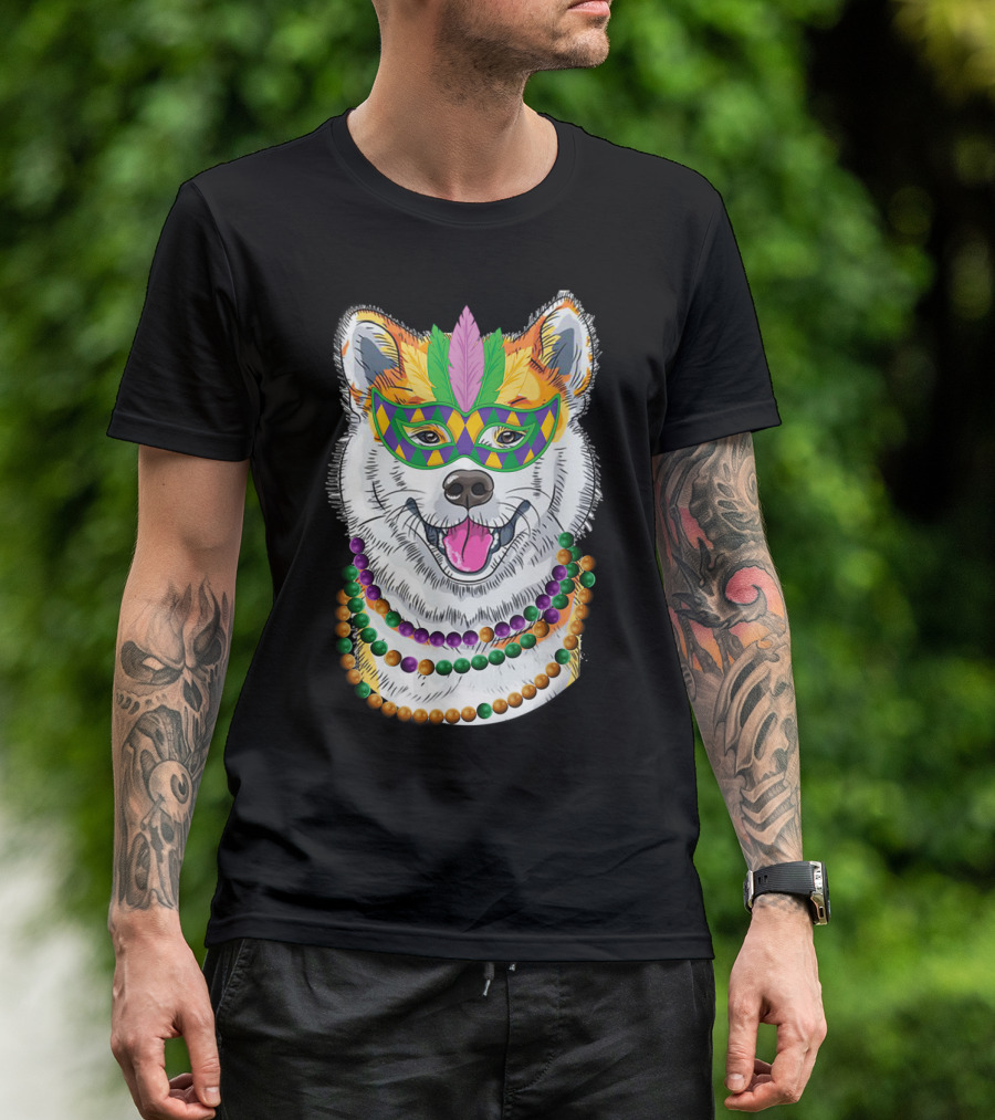 Akita Wearing Mardi Gras Mask And Beads Necklace With Colorful Do T-Shirt