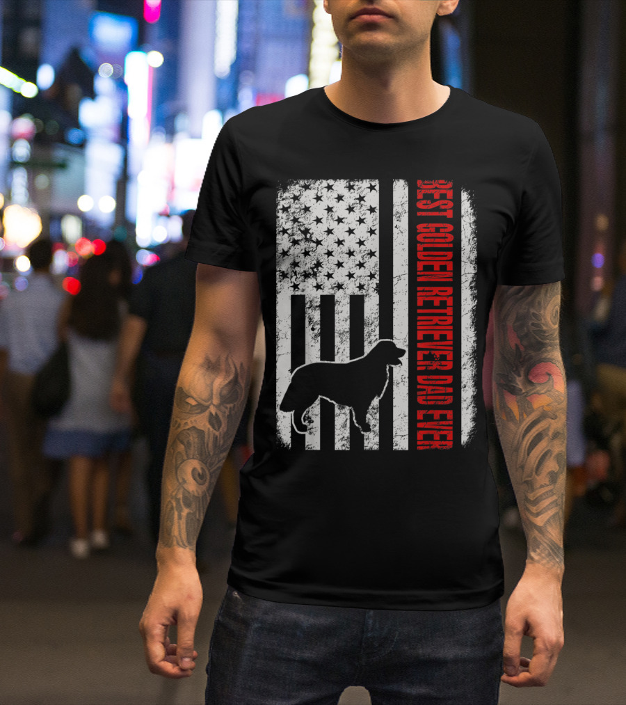 Distressed American Flag Golden Retriever Silhouette Best Dad Ever T-Shirt