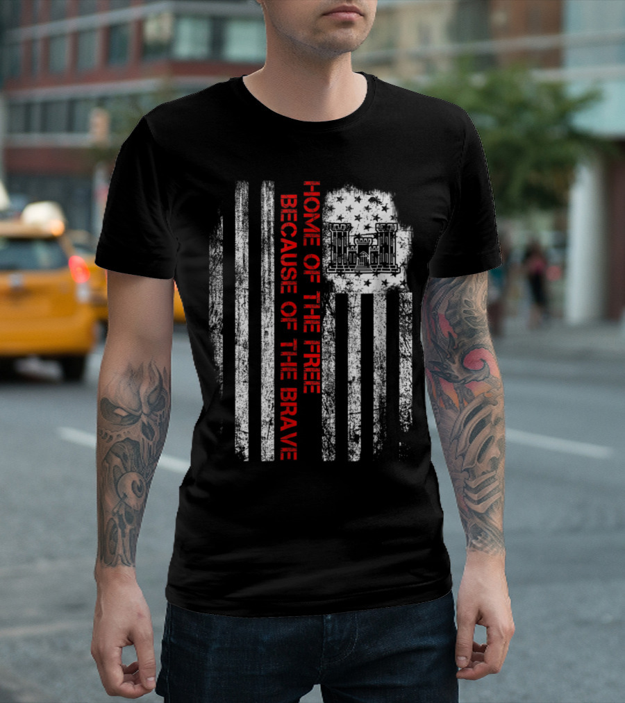 Combat Engineer Home Of The Free Because Of The Brave Flag With Military Castle Emblem T-Shirt