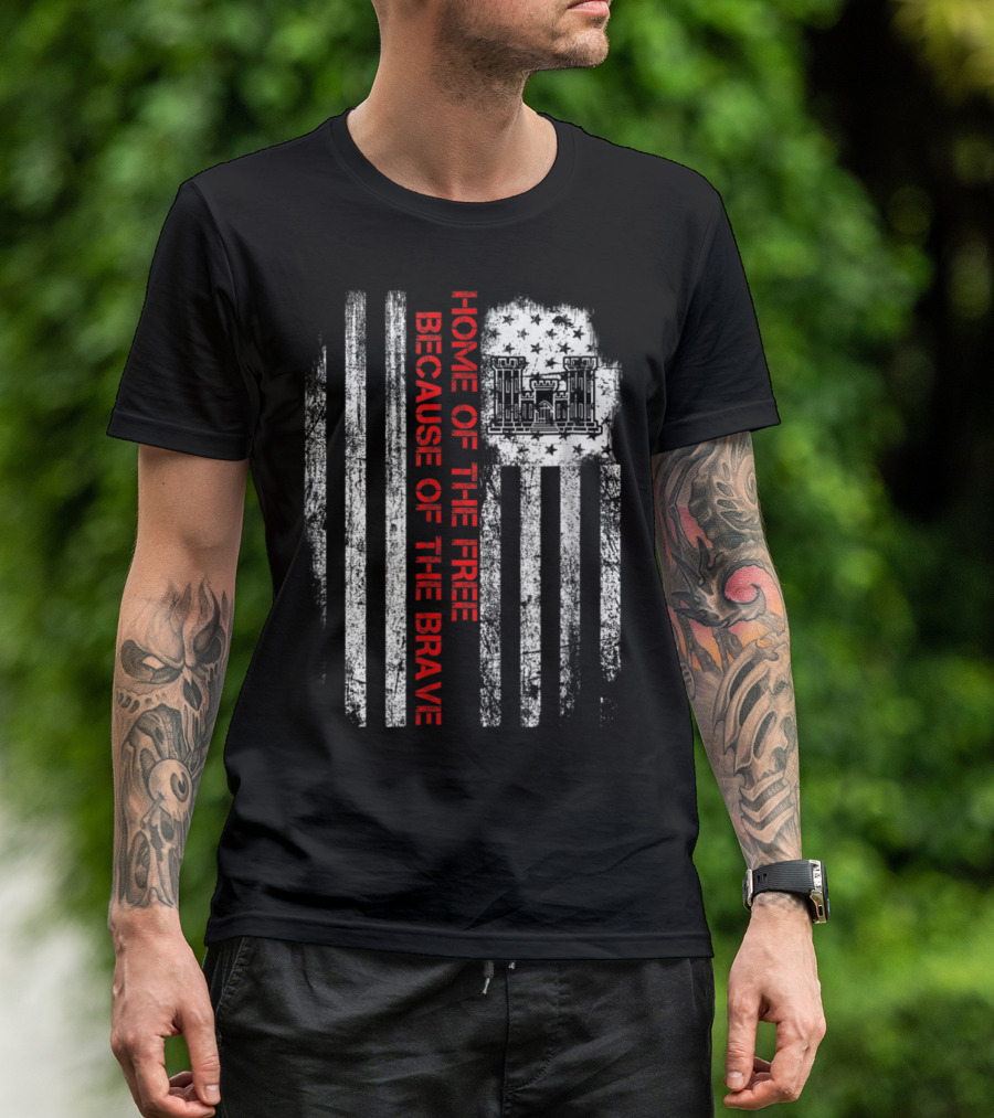 Combat Engineer Home Of The Free Because Of The Brave Flag With Military Castle Emblem T-Shirt
