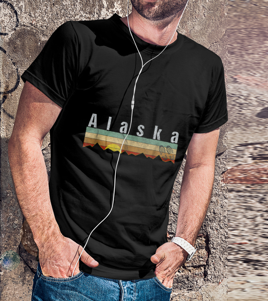 Alaska Adventure Vintage Sunset Mountain Hiking Boot Prints T-Shirt