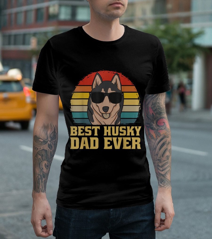 Best Husky Dad Ever Cool Sunglasses Dog Retro Sunset T-Shirt
