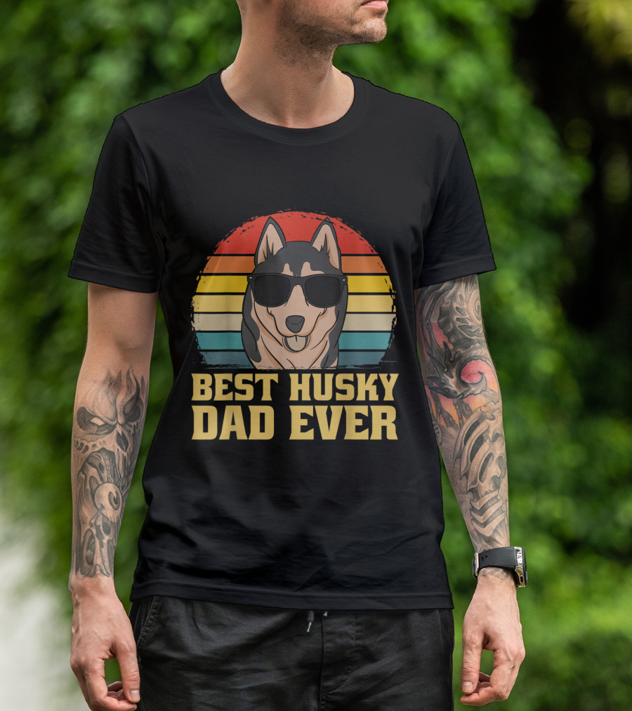 Best Husky Dad Ever Cool Sunglasses Dog Retro Sunset T-Shirt