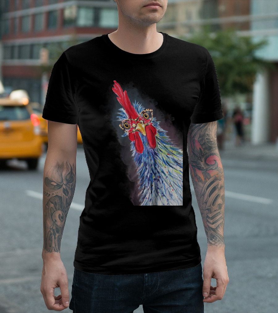 Whimsical Chicken Portrait With Glasses Featuring Colorful Hen Roos T-Shirt